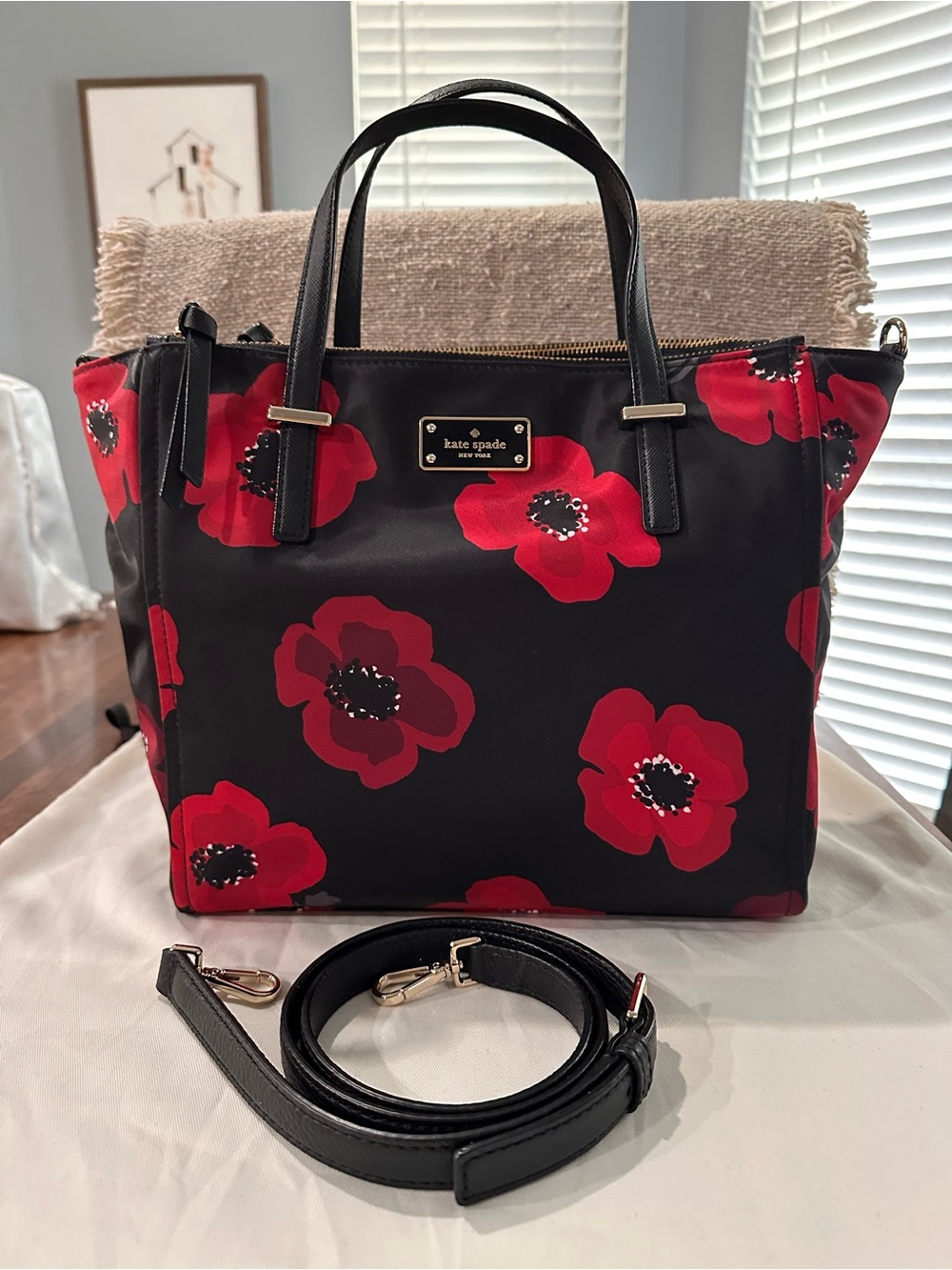 kate spade Black Tote with Red Floral Pattern